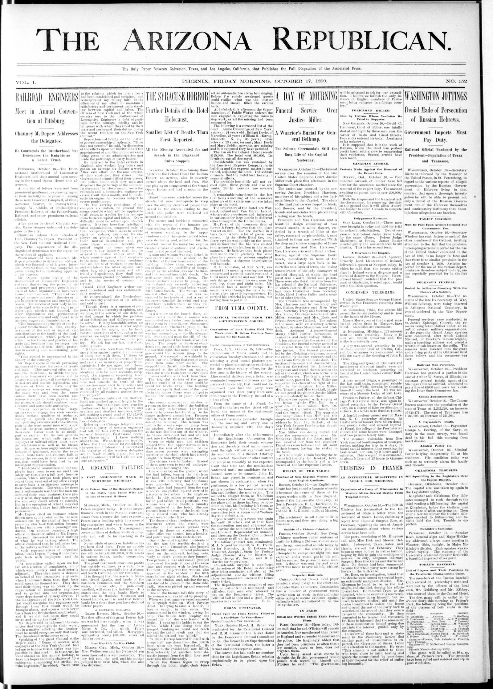 Front page of The Arizona Republican, Phenix, 17 October 1890; the Hennessy item is near the top of the sixth column