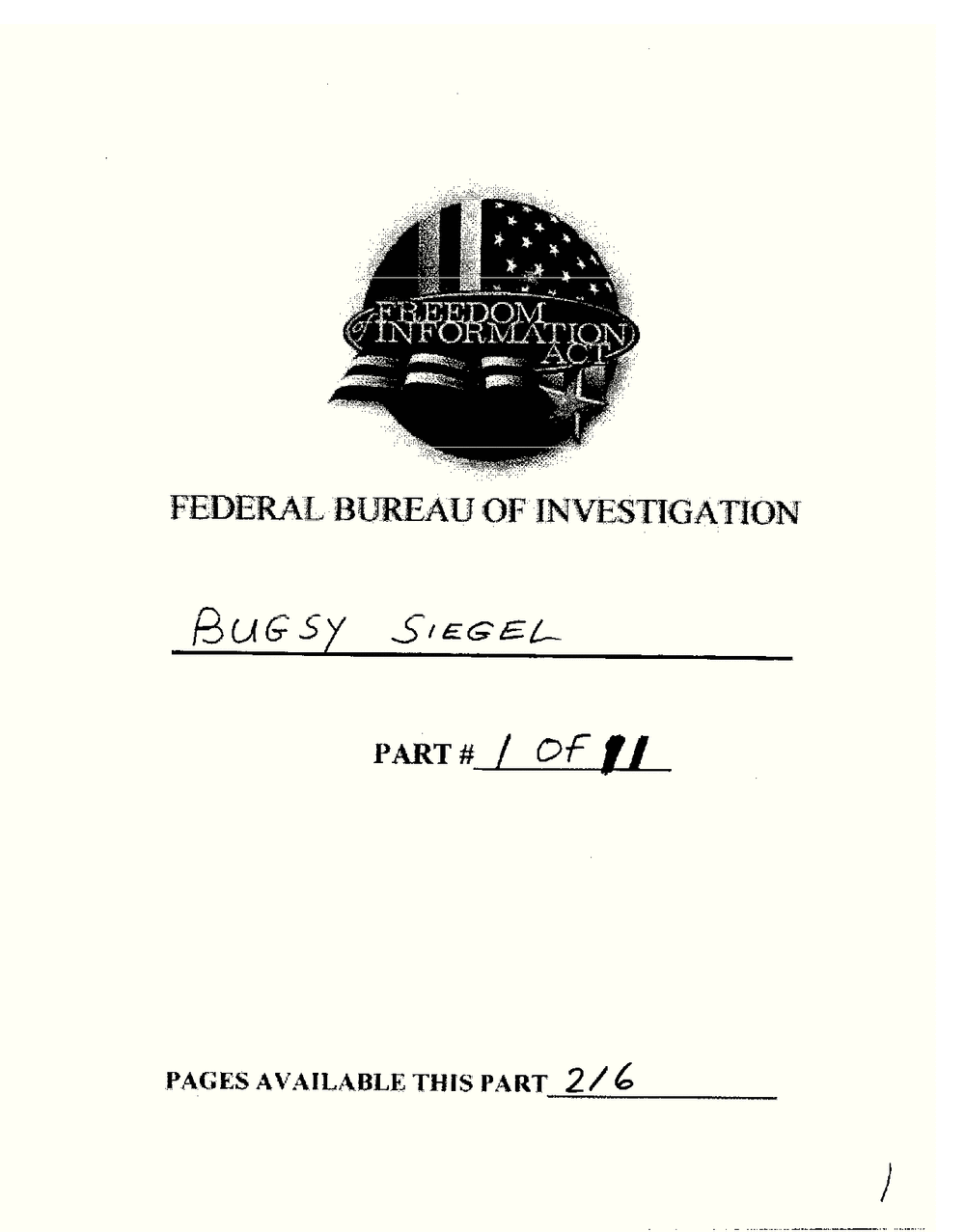 FOIA cover sheet of Part 01 of the FBI Vault's Bugsy Siegel file, with "Bugsy Siegel" and the part number handwritten under the Federal Bureau of Investigation heading