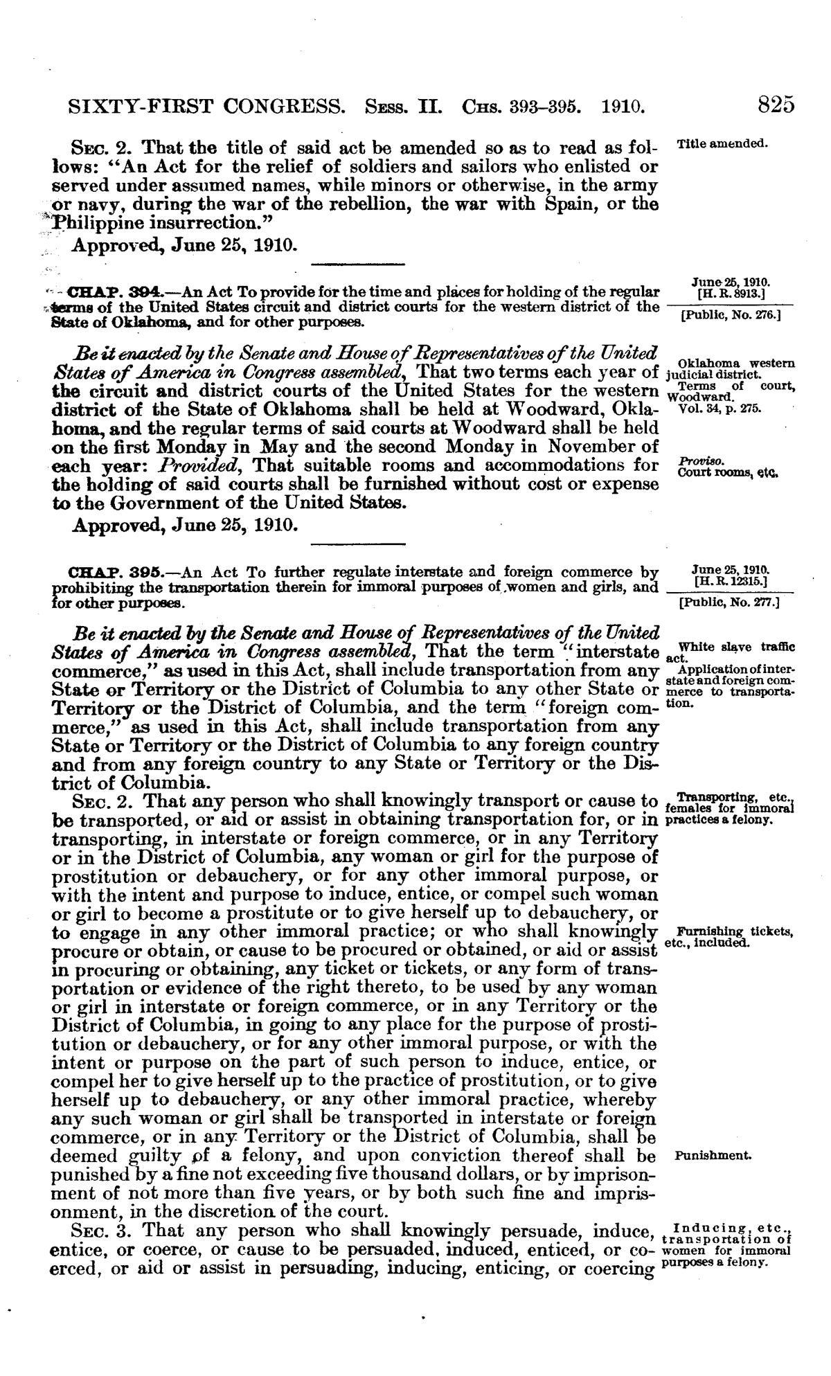 Page 825 of volume 36 of the Statutes at Large, printing Chapter 395 of 25 June 1910 with the margin note White slave traffic act.